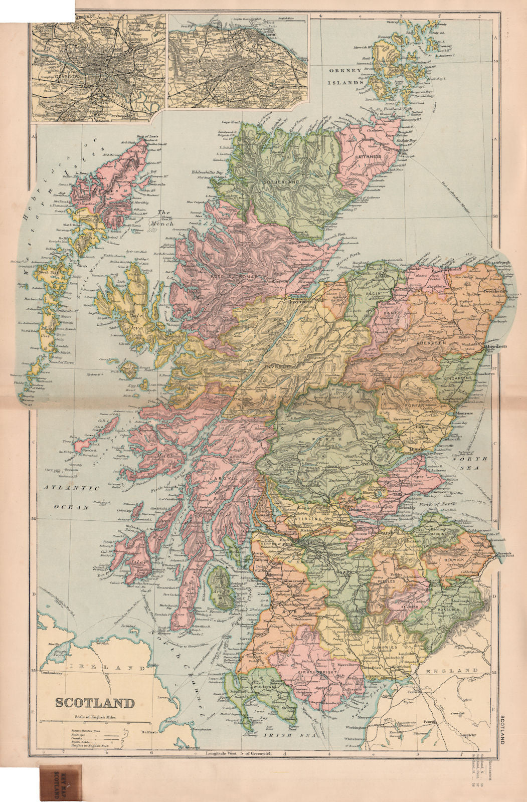 SCOTLAND. Edinburgh Glasgow environs. Counties. Railways. BACON 1901 old map